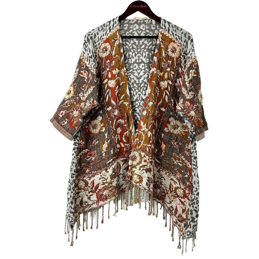 Soft Surroundings Womens S/M Pasha Pumpkin Wool Leopard Cardigan Fringe Boho - Picture 2 of 13